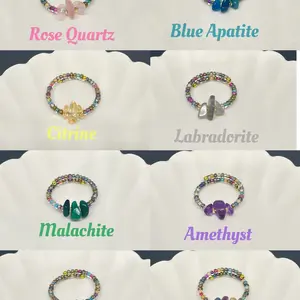 Natural Crystal Jewelry for Women - Handmade Adjustable Rings with Rose Quartz, Citrine, Malachite, Blue Apatite, Labradorite, Strawberry Quartz, Amethyst, and Random crystals beads.