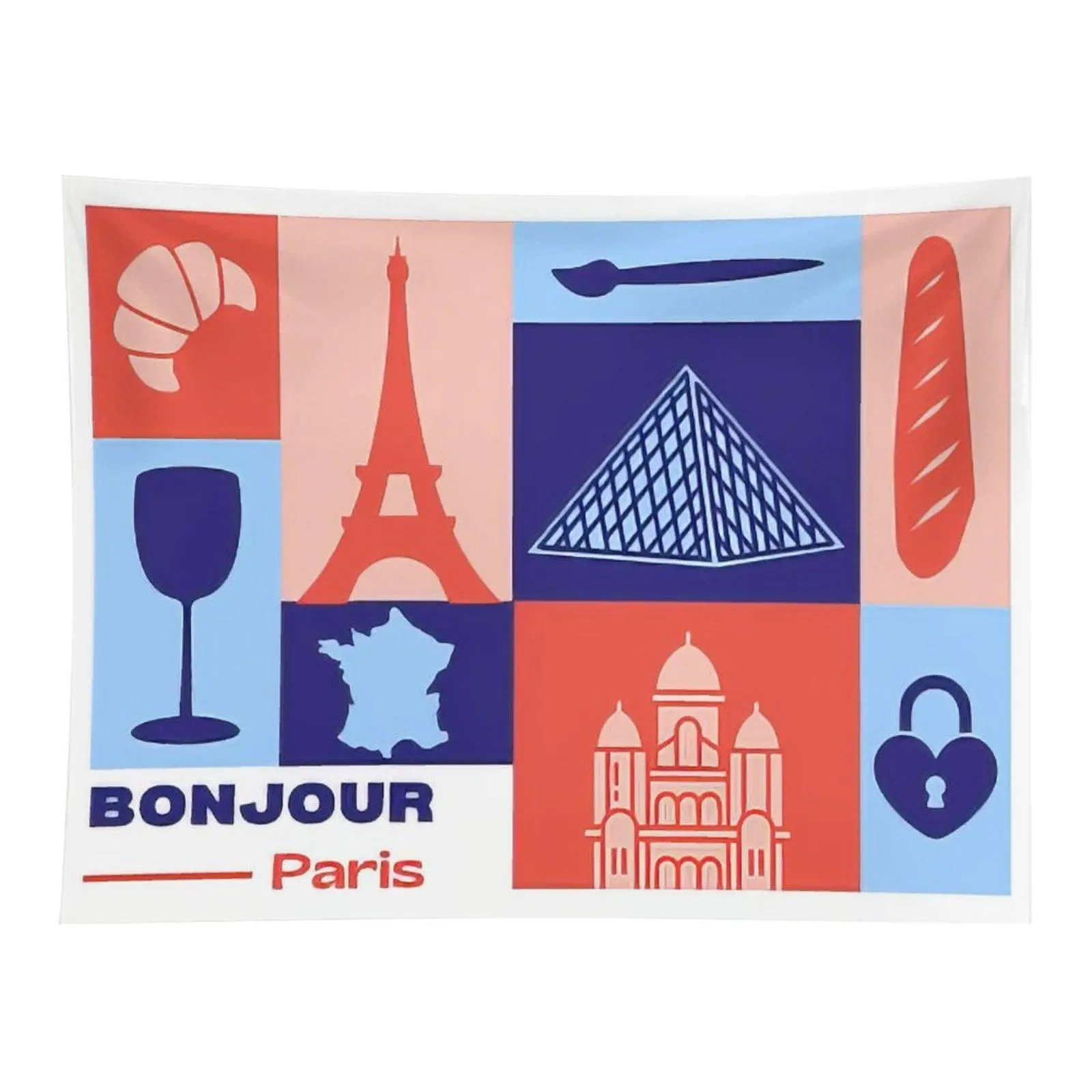 Colorful Paris France Landmark Collage Eiffel Tower Croissant Baguette Retro Geometric Print Travel Theme Wall Home Decor