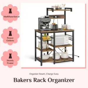 Hooseng Industrial Kitchen Bakers Rack Organizer with Power Outlet, Microwave Stand with Slide S-Hooks & Fruit Basket, Easy Assembly, Modern Storage Shelf for Kitchen