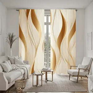 2Pcs Abstract Wave Pattern Curtain Panels, Golden Cream Swirl Design, Pole Pocket Style, Semi Sunshade Polyester, for Home Living Room, Bedroom, Balcony, Kitchen, Study, Shower Window Decoration, Accessory, Anti Privacy.
