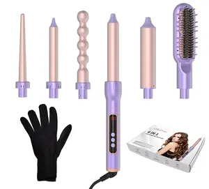 AIKO PRO 6 in 1 Interchangeable Ceramic Curling Iron, Wand Set with Hair Straightener Brush, Instant Heat-Up, Auto Shut Off LCD and Temperature Adjustment Include Glove, Dual Voltage, Purple