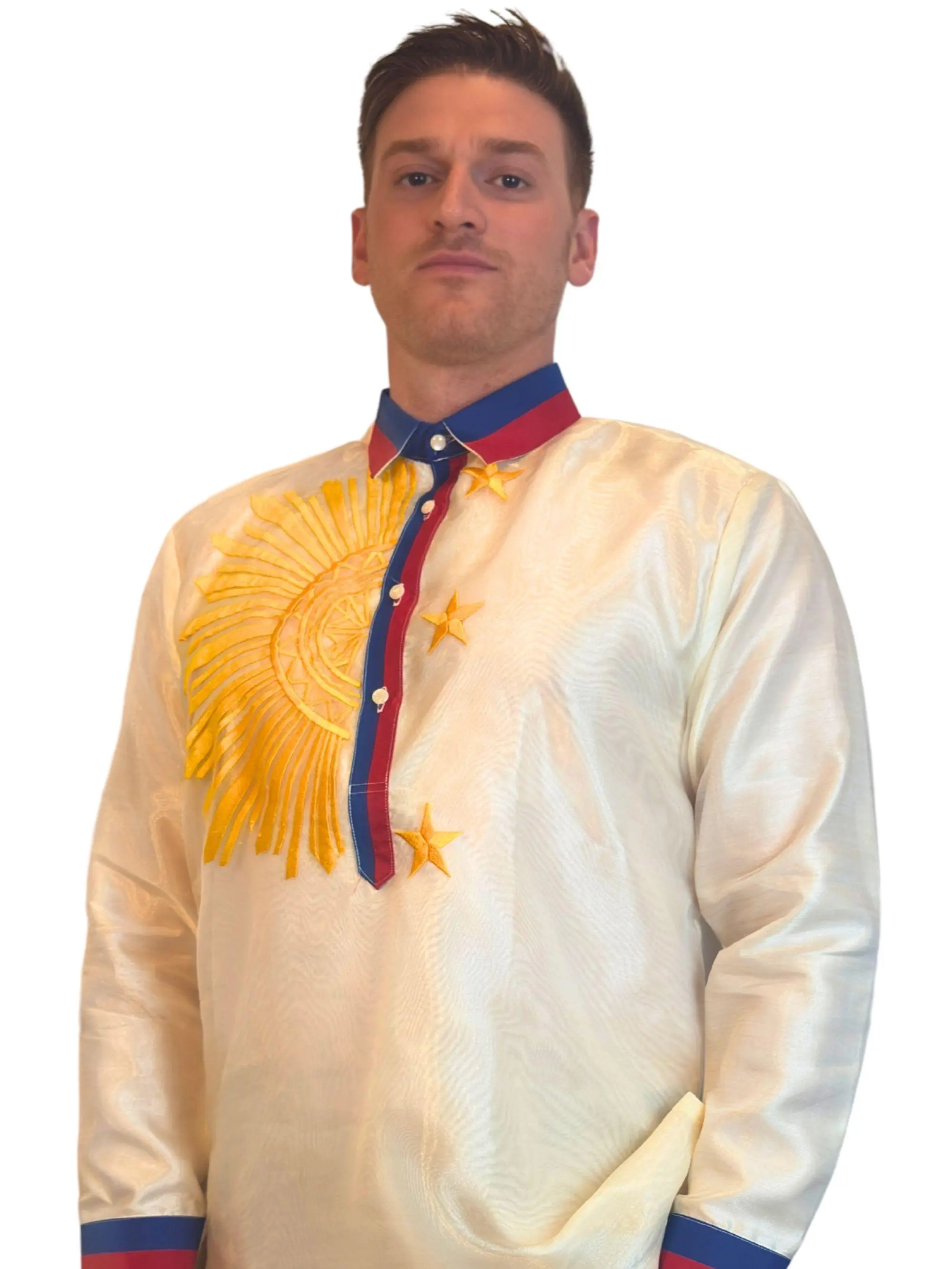 Handmade Kapamilya Barong Tagalog for Men - Long Sleeve Traditional Filipino Shirt - Sinag Philippine Flag Design in White Organza - US Size