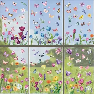 132PCS Spring Window Clings for Glass Windows 9 Sheets Flower Window Clings for Glass Windows Floral Spring Window Stickers for Home Office Decorations Summer Fall Butterfly Window Decals Easter
