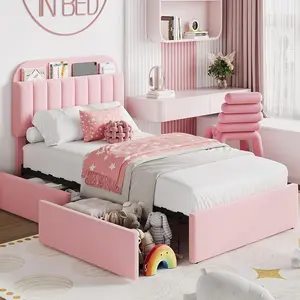 Twin Size Bed Frame with Storage Headboard Bed Frame with 2 Drawers Boucle Upholstered Platform Bed with Bookcase Easy Assembly No Box Spring Needed Pink