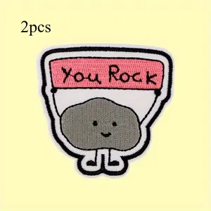 Vibrant "You Rock" Cartoon Character Iron-On Embroidered Applique Patch - Durable Adhesive Sew-On Fabric Badge for Personalized Clothing, Hats, and T-Shirts - Easy to Apply, Long-Lasting, and Machine Washable