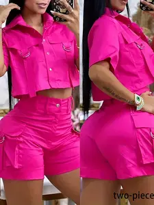 Two-piece Set Women's Solid Button Front Crop Top & Shorts Set, Casual Short Sleeve Collared Top & Shorts for Summer, Ladies Clothes for Daily Wear
