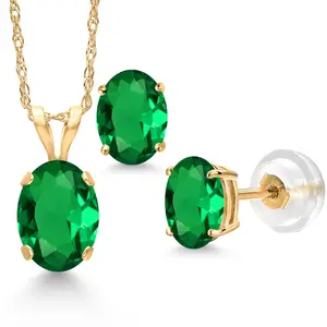 14K Yellow Gold Green Nano Emerald Pendant Earrings Jewelry Set For Women | 1.40 Cttw | Gemstone May Birthstone | Oval 7X5MM | with 18 Inch Chain