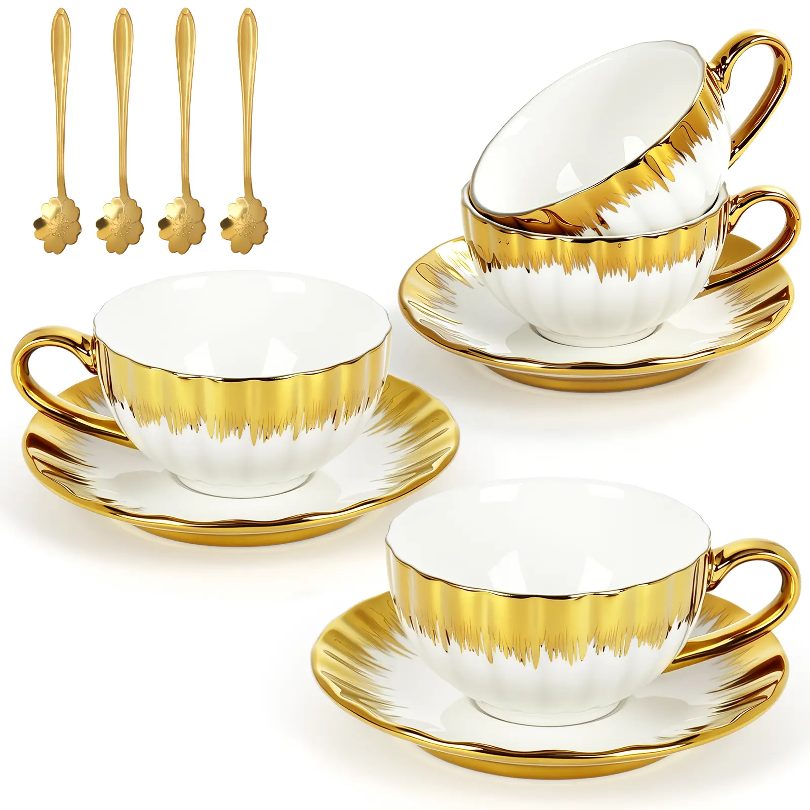 8 oz Cappuccino Cups with Saucers and Sakura Spoons, Ceramic Espresso Cup Set of 4, Gold-Trim Coffee Cup Mugs for Latte, Tea, Kitchen or Café, Microwave and Dishwasher Safe