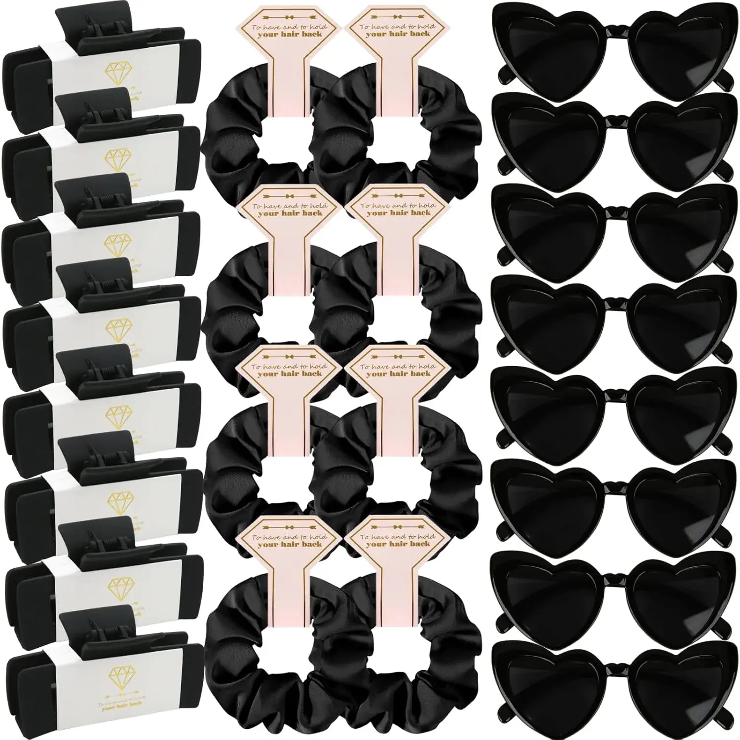 Bridesmaid Hair Accessories Bulk Pack - 8 Pieces 4.1 in Square Hair Claws, Scrunchies, Heart Sunglasses, Diamond Card - Party Props for Bachelorette Wedding Proposal Gifts, Pvc Sunglasses