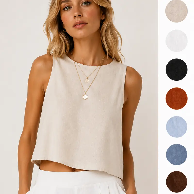 IDEALSANXUN Women's Minimalist Linen-Viscose Button Cropped Tank Top - High Neck, Sleeveless, Basic Fabric, Breezy, Regular Fit, Floral, 2026 Trending Cute Casual Top for School, Beach Vacation