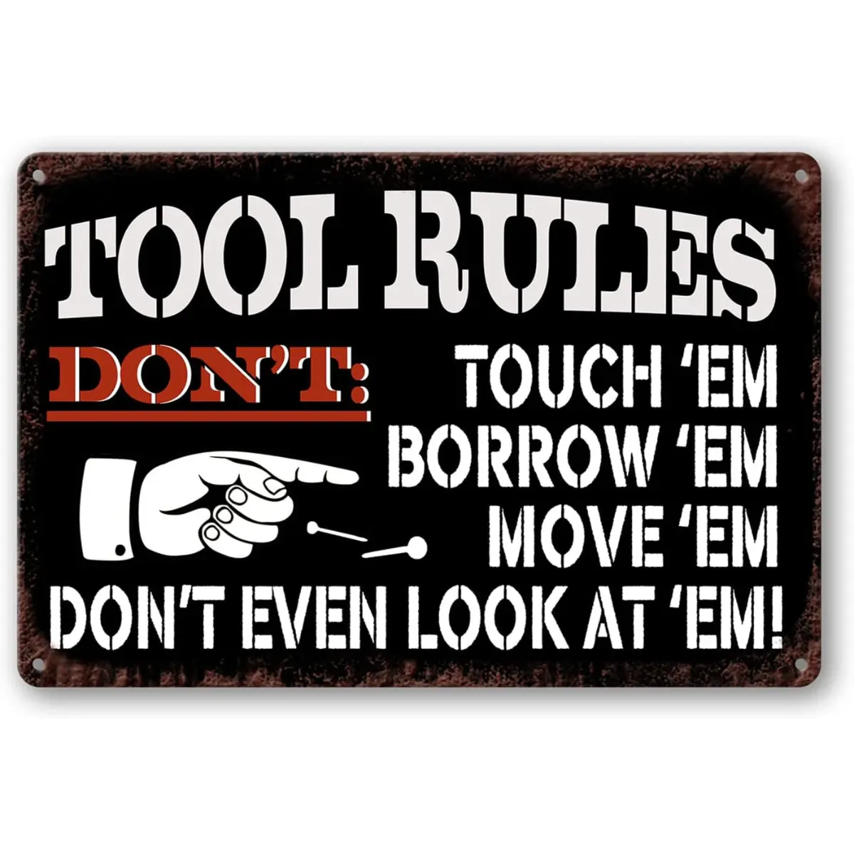 Vintage "Tool Rules" Metal Tin Sign |   12x8 Inch Matte Print Garage Wall Decor for Workshop & Man Cave |   Rustic Tool-Themed Sign with Pre-Drilled Holes, Perfect for Garage, Coffee Bar & DIY Gifts