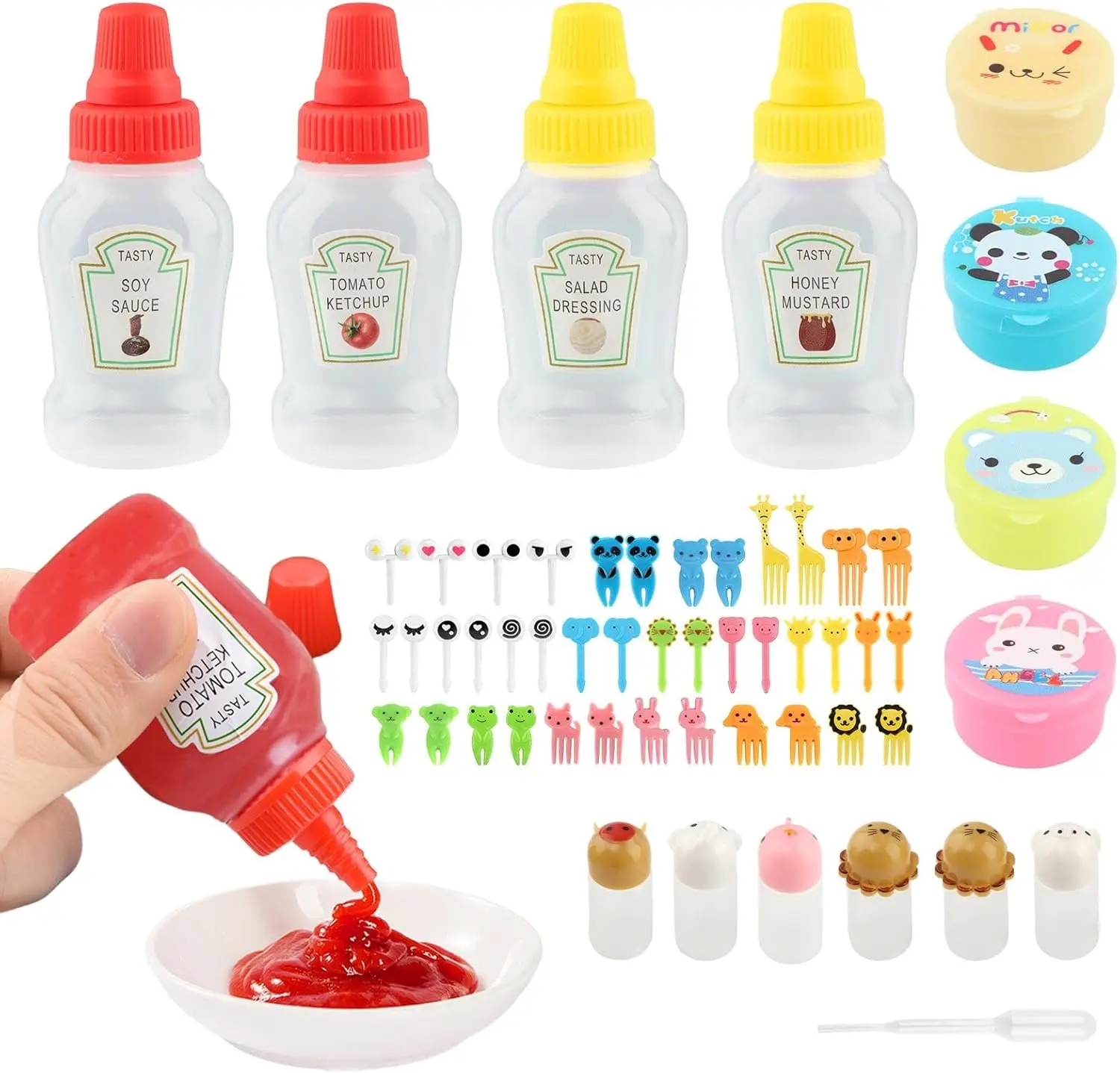 55 count  Bento Box Accessories Including   Picks Mini Condiment Bottles Ketchup Squeeze Bottle,Salad Dressing Container for Camping School  Box Accessories