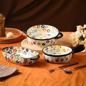 Hand-Painted Ceramic Baking Dish with Convenient Handles, Vibrant Floral Embossed Design, Durable Plate for Lasagna, Salads & Cheese Bakes