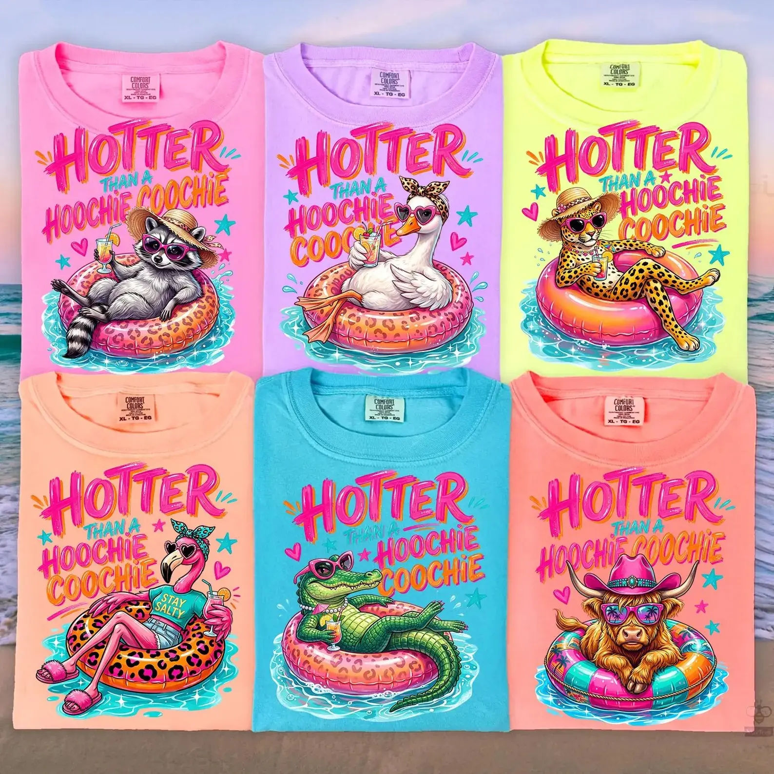 Hotter Than A Hoochie Coochie Comfort Colors Shirt, Raccoon Duck Flamingo Alligator Cowgirl Summer Tee, Trendy Lake Day Vacation Apparel