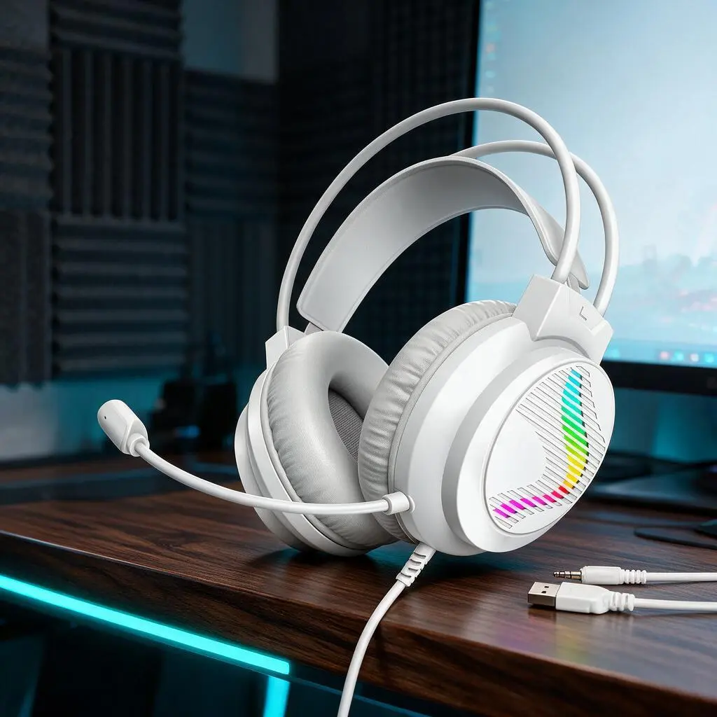 Wired Gaming Headset - 250g Lightweight Over-Ear, Sharp Unidirectional Mic, Noise-Cancelling 7.1 Surround Sound, Soft Memory Earmuffs, White RGB Luminous, Jack Plug, Headset for PC/Laptop, Compatible with PS4, PS5, Xbox Series, Switch
