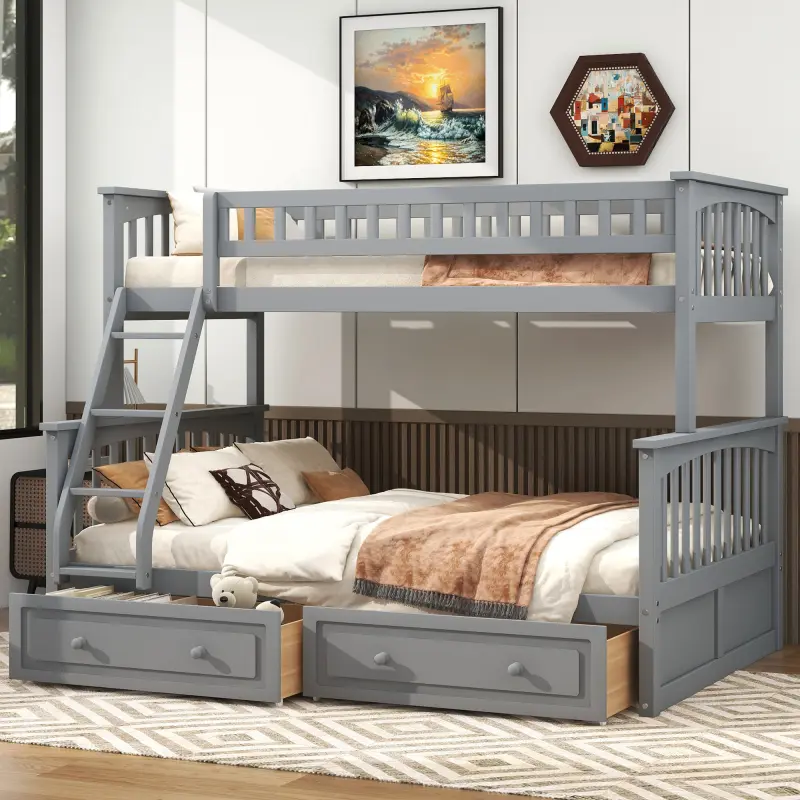 Twin Over Full Bunk Bed with 2 Storage Drawers and Ladder, Convertible Wooden Bunk Bed Frame, Can Be Divided Into Two Beds