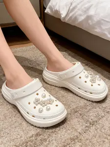 Pearl Flower Bling Shoe Decoration Set, Cute Minimalist Crocodile Design Jibbitz, Pearl Wooden Sandal Accessories with Strap, Slippers
