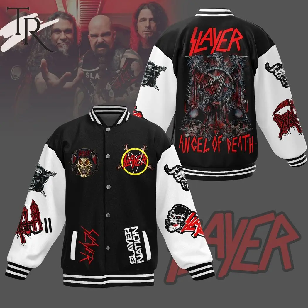 Slayer Heavy Metal Varsity Jacket Oversized Angel Of Death Skull Eagle Graphic Print Baseball Coat Casual Loose Sports Outerwear For Men Women Fall Winter Spring Daily Fashion Item