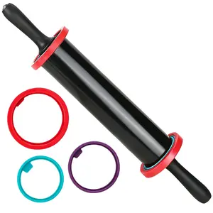 Rolling Pin, Adjustable Stainless Steel Rolling Pins with Thickness Rings for Baking, Dough Roller for Pizza, Pie, Pasta, Cookies, Cakes, Black