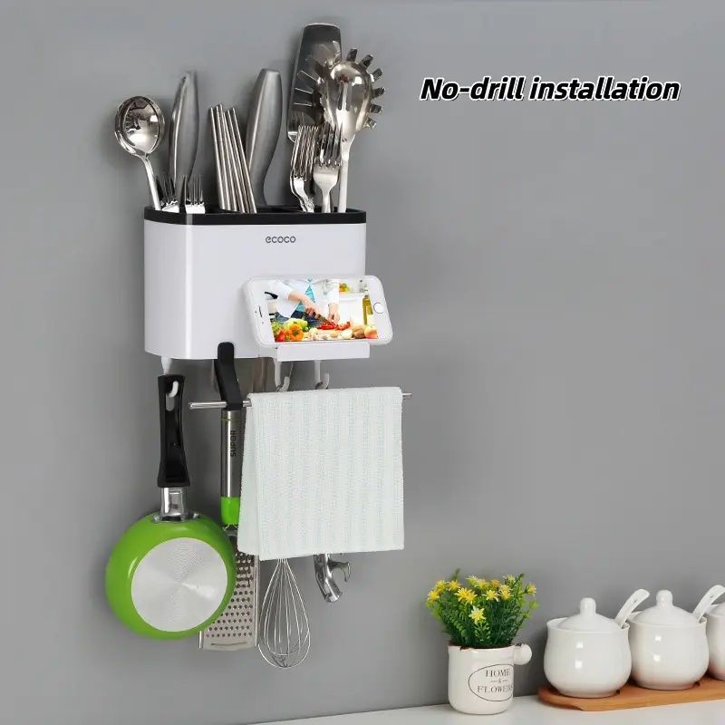 Kitchen Chopstick Holder No Drilling Wall Mounted Drainage Utensil Organizer Rack, Multi-Functional Spoon Fork Cutlery Storage Shelf