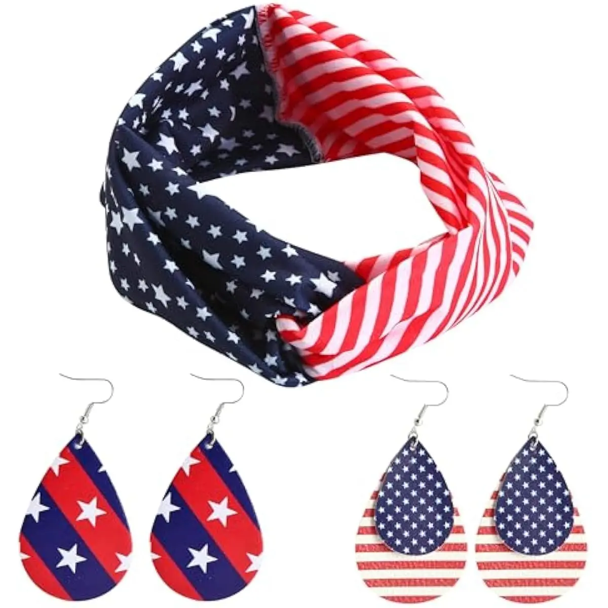 5 Pcs Patriotic Accessories of a US American Flag Headband, 4 Leather Earrings for 4th of July Celebration, Independence Day Themed Party Dress-up