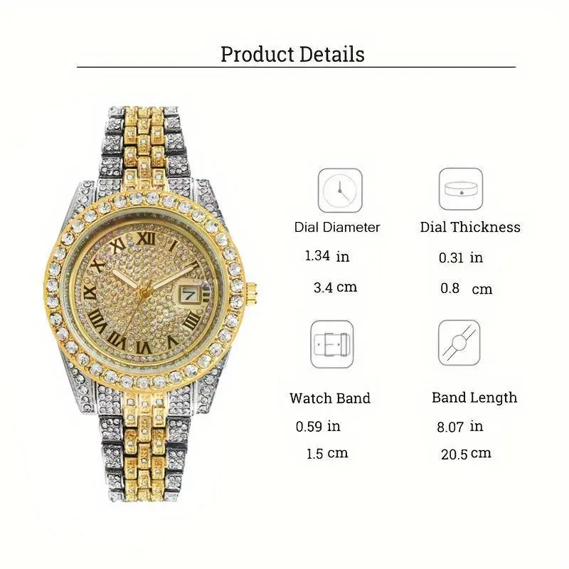Golden-ToneLuxurious4pcsMen'sHipHopBlingSet-QuartzWatchwithRhinestoneBezel,14mmCubanChainNecklace&Bracelet,CrossPendant-JewelryGift Golden-ToneLuxurious4pcsMen'sHipHopBlingSet-QuartzWatchwithRhinestoneBezel,14mmCubanChainNecklace&Bracelet,CrossPendant-JewelryGift