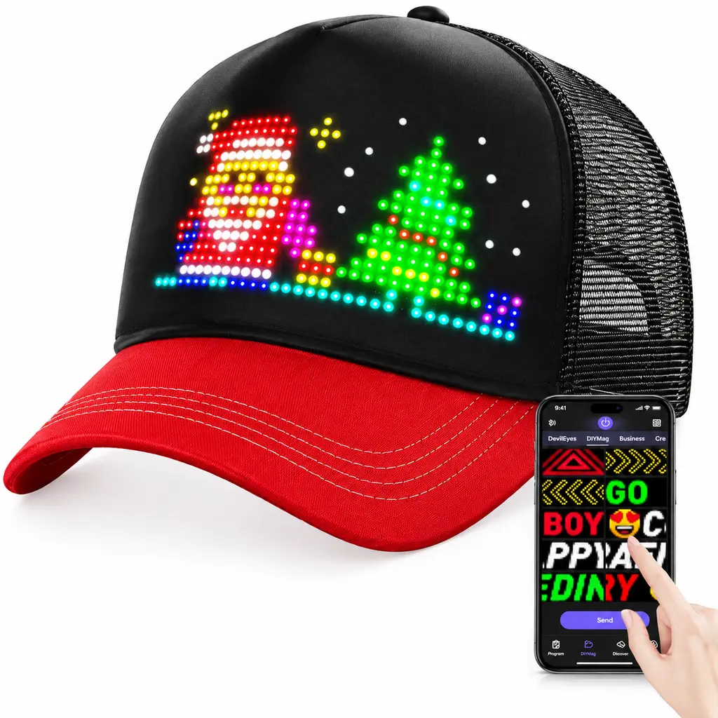 Christmas Smart LED Baseball Cap with Bluetooth App Control. RGB Customizable Scrolling Message Board Hat. Luminous Snapback for Parties, Concerts, Festivals & DIY Gifts. Multi Color Adjustable Cap