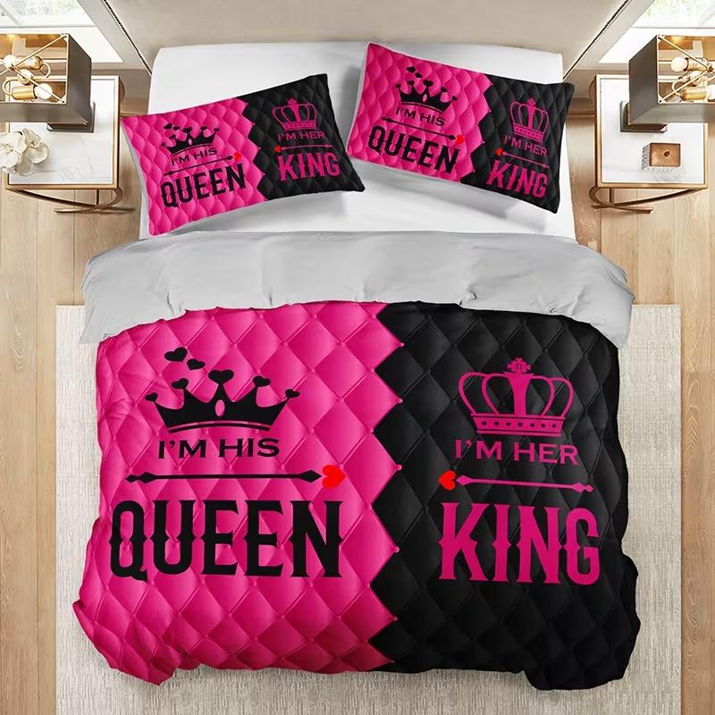 3-piece couple style king and queen printed duvet cover set, Bedroom Bedding Set, Valentine's Day elements, including 1 duvet cover and 2 pillowcases (excluding the core), suitable for all seasons, creating romantic bedroom couple bedding