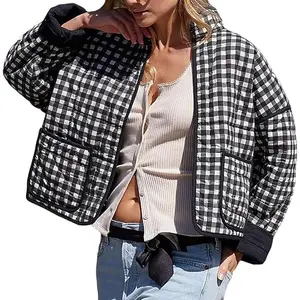 Women's Loose Retro Striped Quilted Jacket Stand Collar Cropped Puffer Outerwear Vintage Coat with Contrast Trim