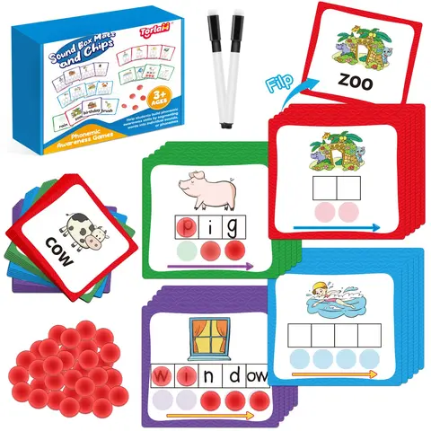 Torlam Elkonin Boxes Phonics Game Set - Unisex Toddler Language Learning Tool with 15 Alphabet Flashcards, Double-Sided Cards, Homeschool Manipulatives for Building Phonemic Awareness, Flashcards Learning Alphabet