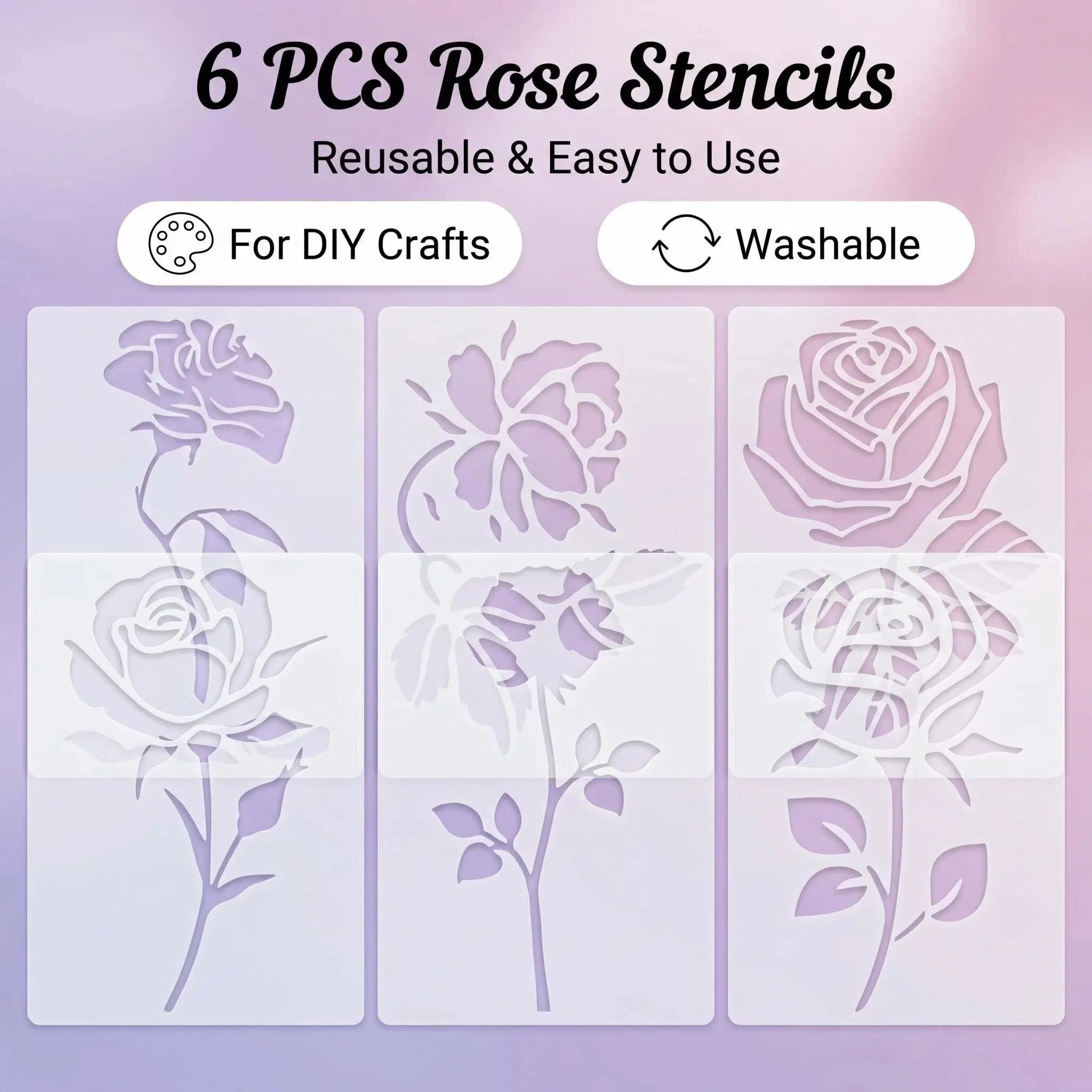 6pcs Rose Pattern Reusable Stencil Set for DIY Crafts, Fabric, Canvas, Wood Wall Art, Journal, Furniture, Home Decor - Pet Material, Floral Stencils