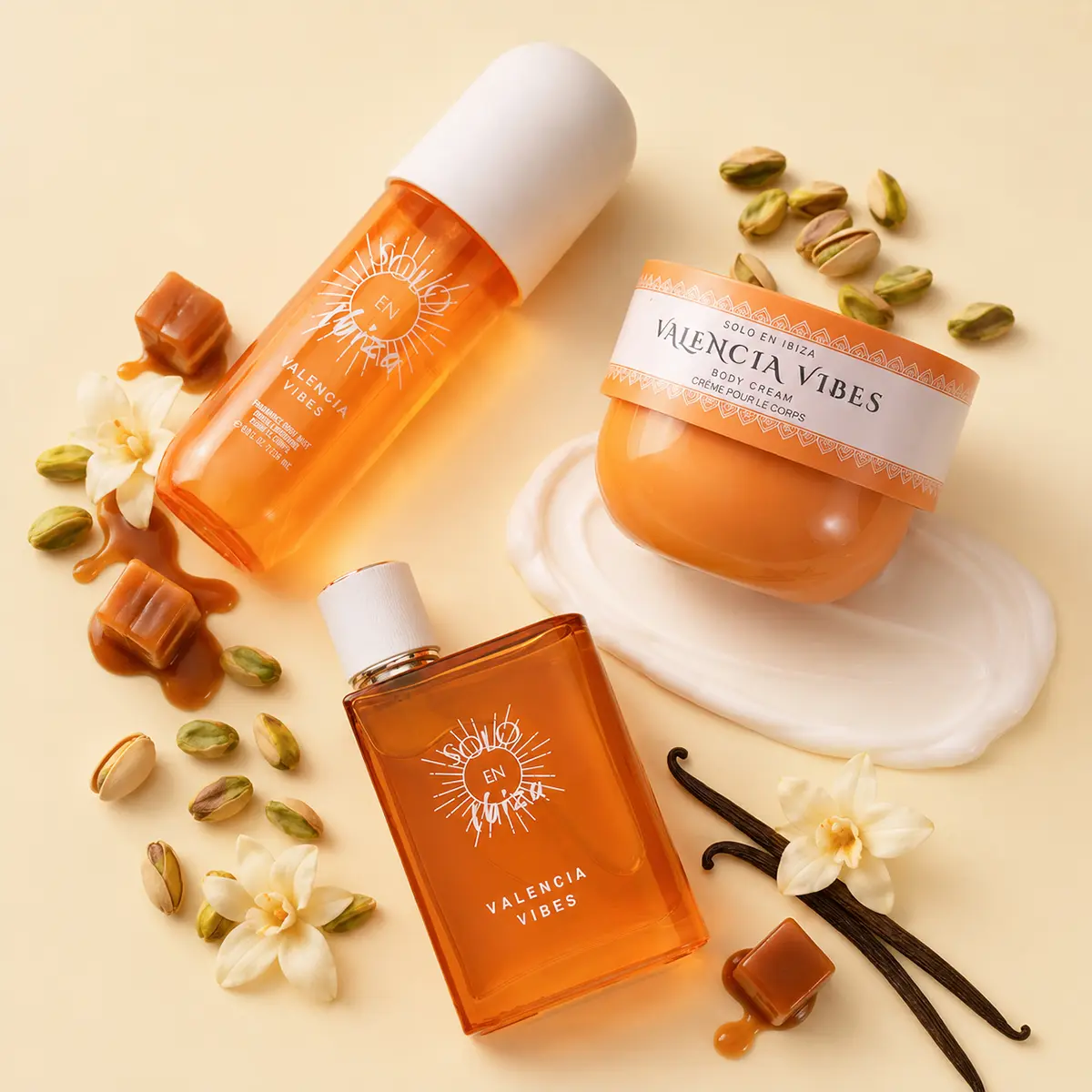 SOLO EN IBIZA Valencia Vibes Vegan Fragrance & Body Care Gift Set - Gentle, Lightweight Vanilla Cream, Scented Perfume, Aroma Body Mist, Hydrating Daily Lotion, Moisturizing, Almond, Jasmine, Reading, Pistachio, Vanilla Perfumes, Fragrance Sets, Adults, C