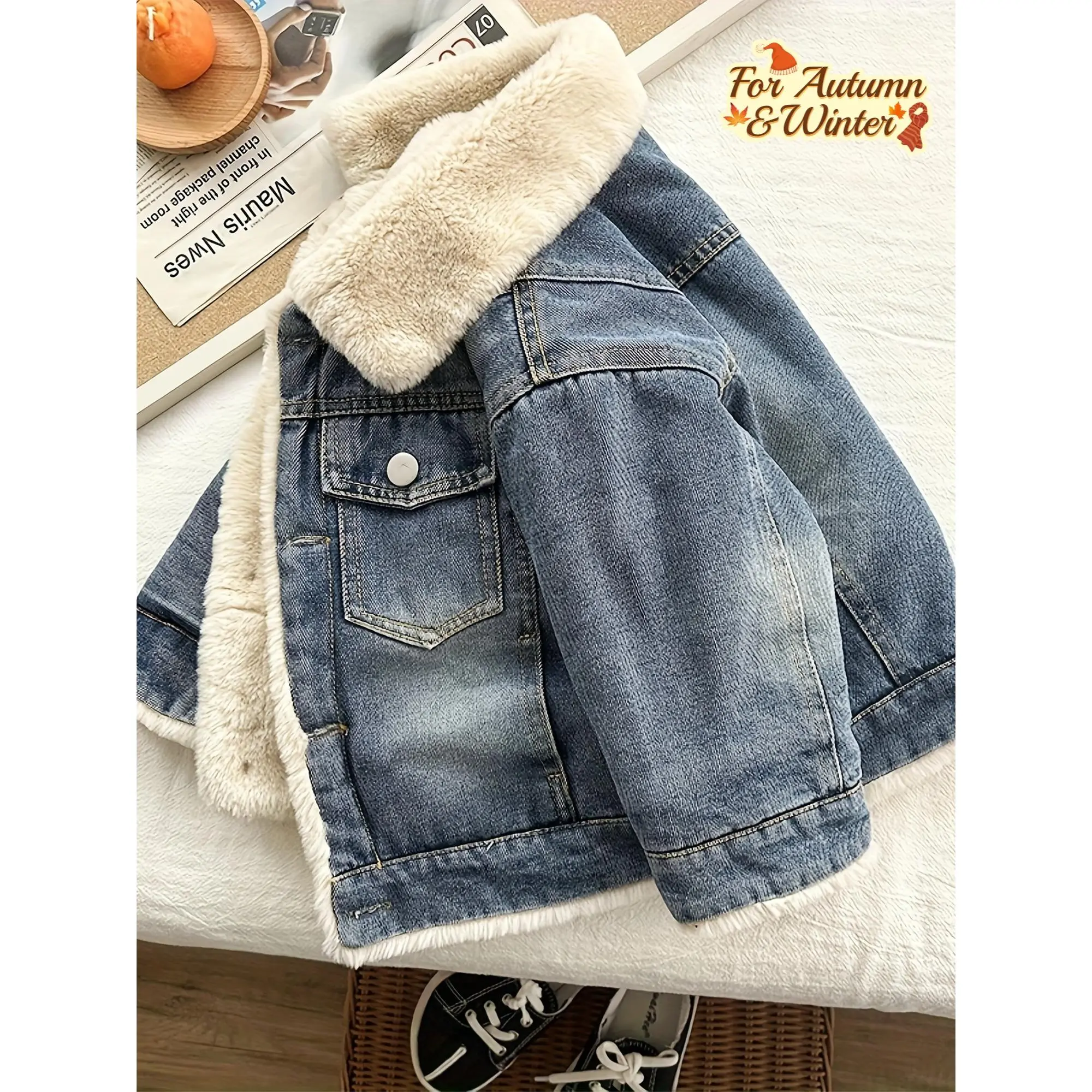 Kids' Denim Zip Front Jacket - Cute Lapel, Fleece-Lined, Warm Thick Winter Outerwear for Boys and Girls