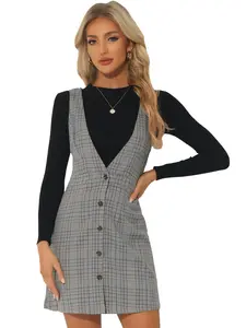 INSPIRE CHIC Overalls Suspenders V Neck Plaid Houndstooth Pinafore Dress