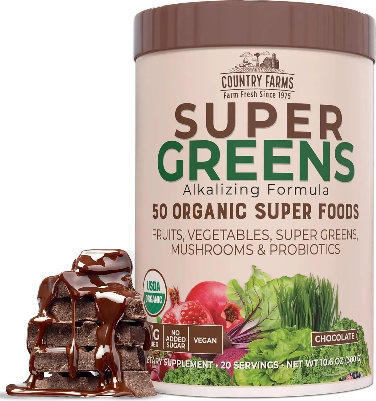 Country Farms Organic Super Greens Chocolate Flavor, 50 Organic Super Foods, USDA Organic Drink Mix, Packed with Fiber, Fruits, Vegetables, Mushrooms & Probiotics, Supports Energy, 7g Fiber