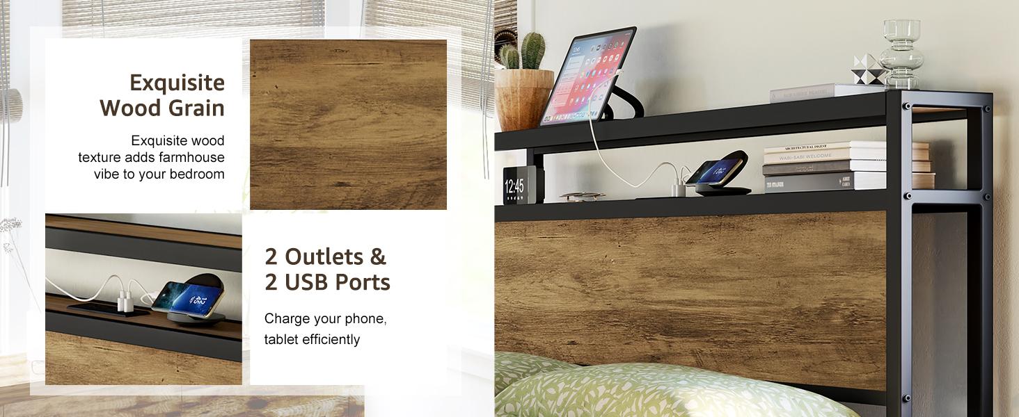 AMERLIFE Industrial Full /Queen/King Size Bed Frame,  Rustic Metal Bed Frame with 2-Tier Storage Headboard and Charging Station, No Box Spring Needed/No Mattress/Small Unique Home Furniture Room/Best Gift Ideas/Christmas Gifts