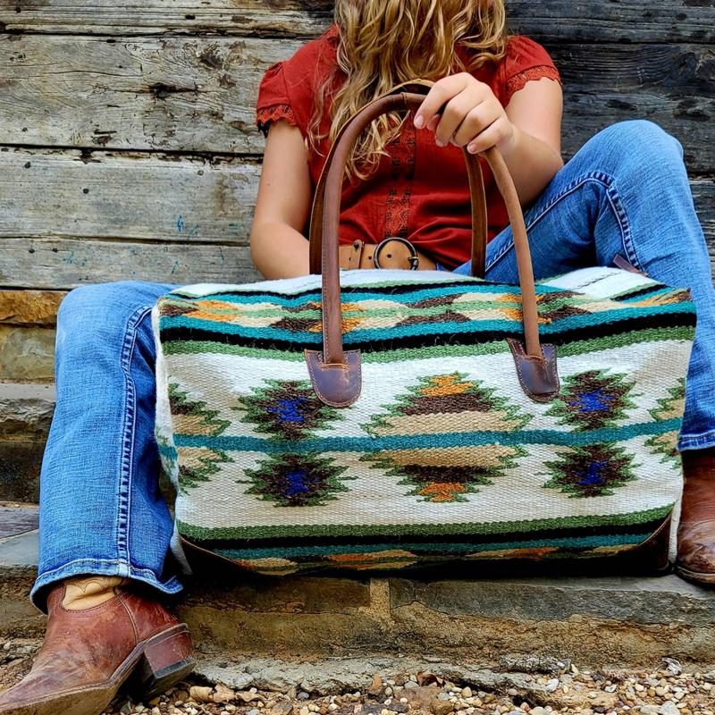 Boho Aztec Large Weekender Southwestern Duffel Bag Aspen Saddle Blanket Bag 100% Leather Handles