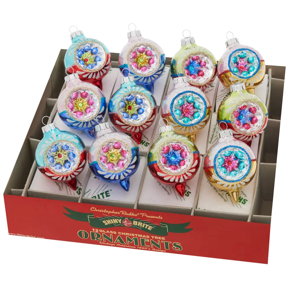 Christmas Confetti Glass Ornaments, 12-Count 1.75" Decorated Reflector Rounds for Christmas Tree Decoration