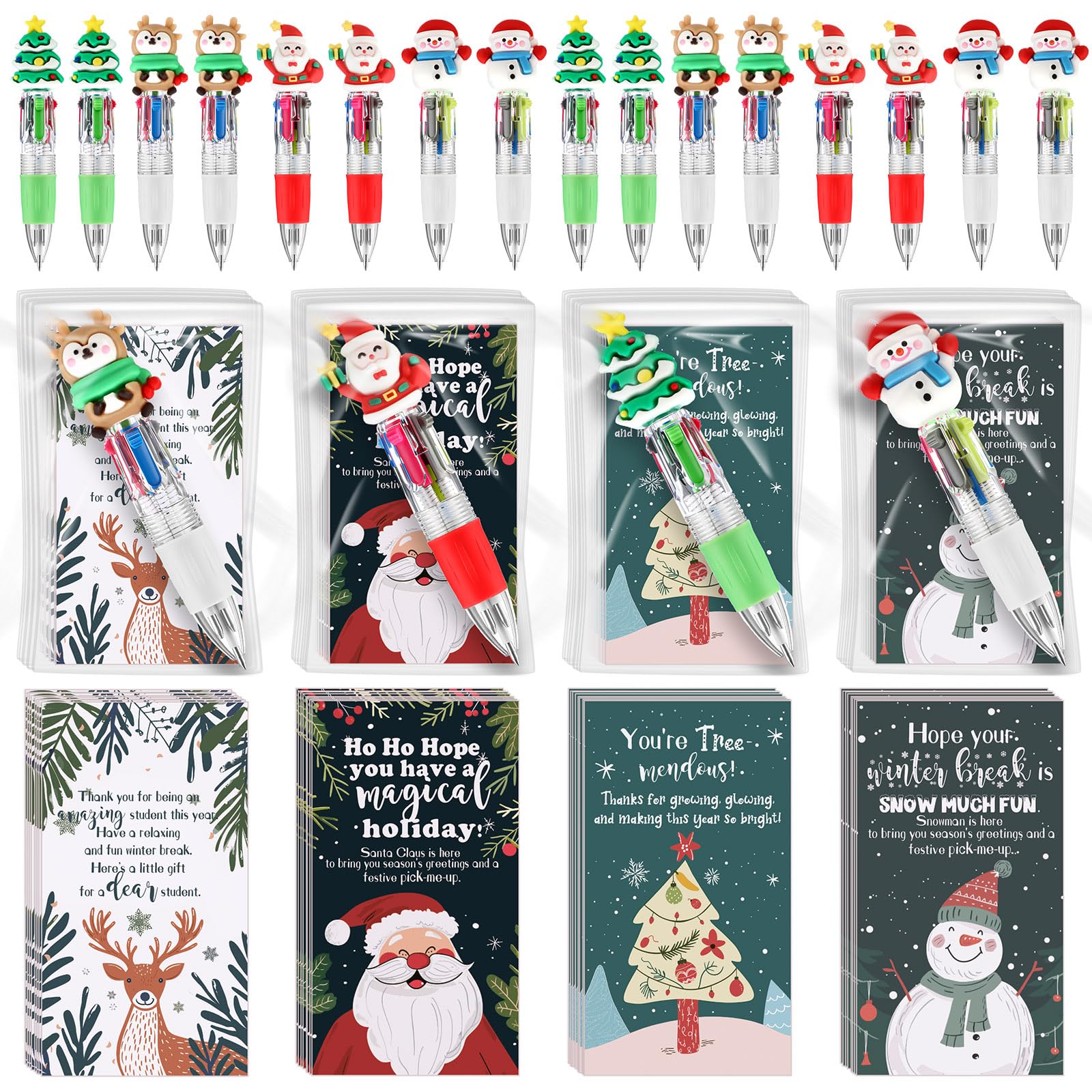100PCS Christmas Multicolor Animal Ballpoint Pens Bulk - 4-in-1 Retractable Compact Multiple-Function Holiday Writing Pens with Gift Cards for School Classroom Rewards, Party Favors, Stocking Stuffers