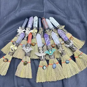 1 count Crystal Point Wand Broom Witch Broom Handmade Halloween Broom arandom delivery 175-185mm