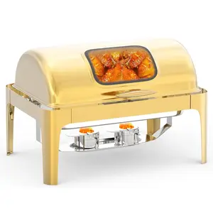 THELUXE Roll Top Gold Chafing Dish Buffet 9QT Rectangle Stainless Steel Food Warmer with Visible Lid Deep Food Pan Water Pan Stand & Fuel Holder for Catering, Parties, Weddings, Holidays, Church, Baby Showers, Restaurants, Chef Business