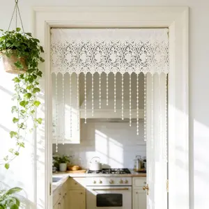 1 PC  French White Hollowed Floral Sheer Short Curtains Luxury Kitchen Swag Valance with Beads Victorian Curtain Topper for Arched Door Cafe Wedding Valentine's Decor Rod Pocket