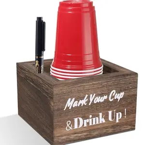 Wooden Cup Holder - Party Cup Holder with Marker Slot, for Party and Wedding, Rustic Disposable for Bar, Kitchen, Countertop, Home & Office, Brown