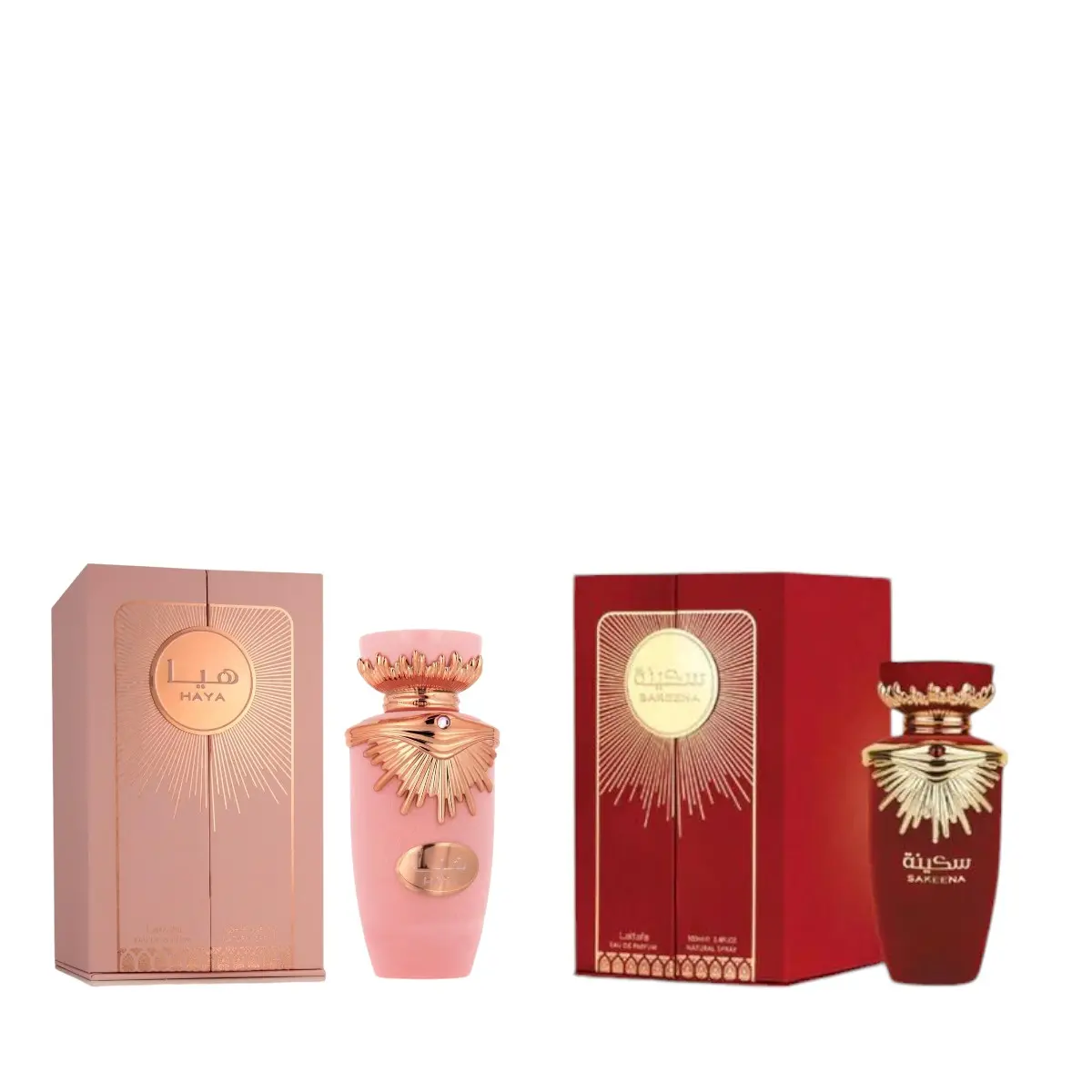 Lattafa Haya + Sakeena Multi-Pack EDP Perfume Spray for Women, Alcohol Base, 2 Bottles (3.4 oz/100ml Each), Citrus-Floral-Fruity-Woody Fragrance