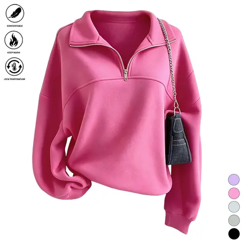 Women’s half-zip stand collar sweatshirt, casual loose drop-shoulder long-sleeve top, versatile for autumn/winter and slimming, women’s sweatshirt, women’s autumn/winter outfits
