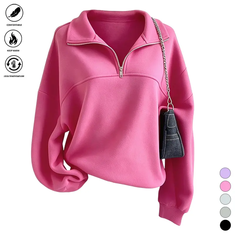 Women’s half-zip stand collar sweatshirt, casual loose drop-shoulder long-sleeve top, versatile for autumn/winter and slimming, women’s sweatshirt, women’s autumn/winter outfits