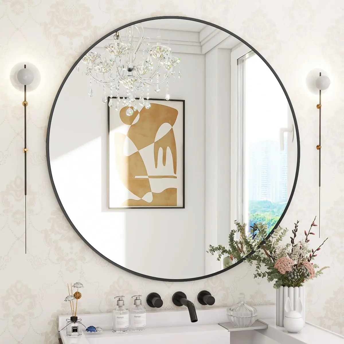 28/36 Inch Round Mirror, Metal Frame Circle Mirror, Wall Mounted for Entryway, Bathroom, Vanity, Living Room
