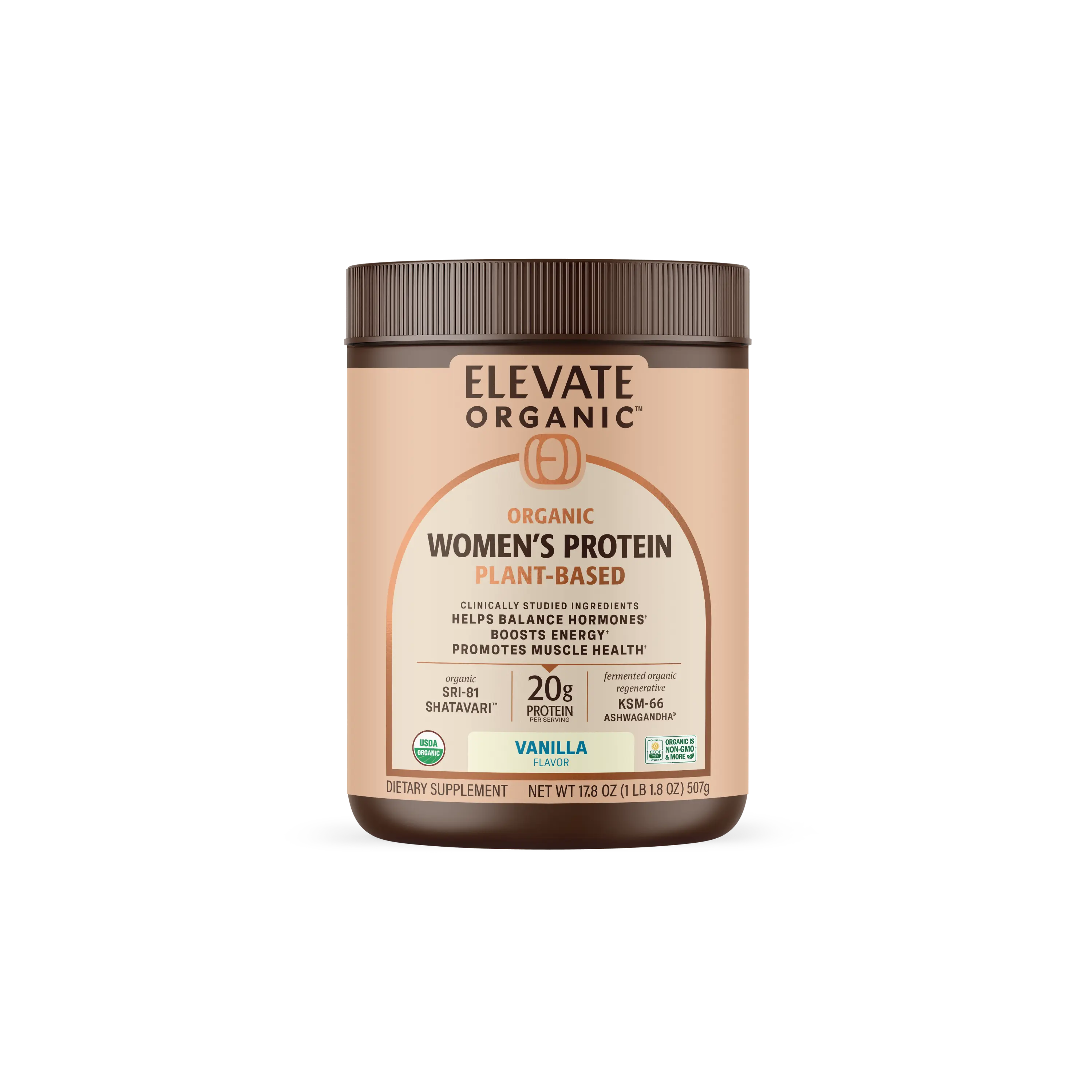 Elevate Organic Women's  Protein Powder,Pea Protein with Ashwagandha, Shatavari & Acti Veda 20g Protein, 110 Calories ,Bloat-Free, Vegan, Organic (18 Serving)