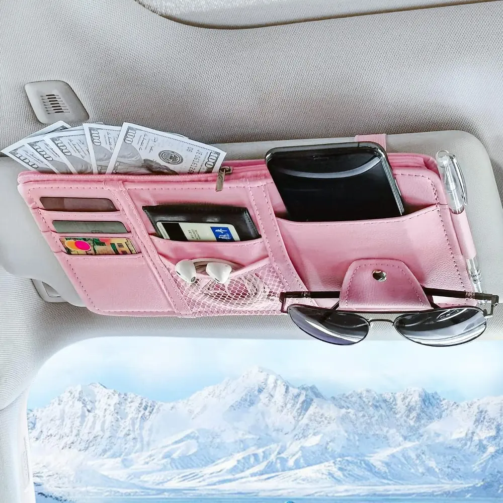 Large Pink PU Leather Clip-On Car Sun Visor Organizer - Car Organization Supplies with Elastic Band, 5 Card Holders, 1 Hidden Multi-Pocket for Sunglasses, Pens, Documents (Fits Trucks)