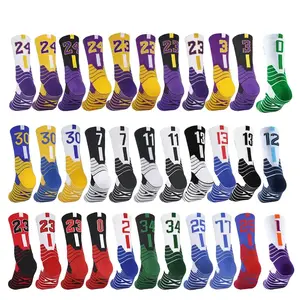 Men's Professional Basketball Socks - Thick Terry Cushion Non-Slip Mid-Calf High-Top Sports Socks with Star Player Numbers